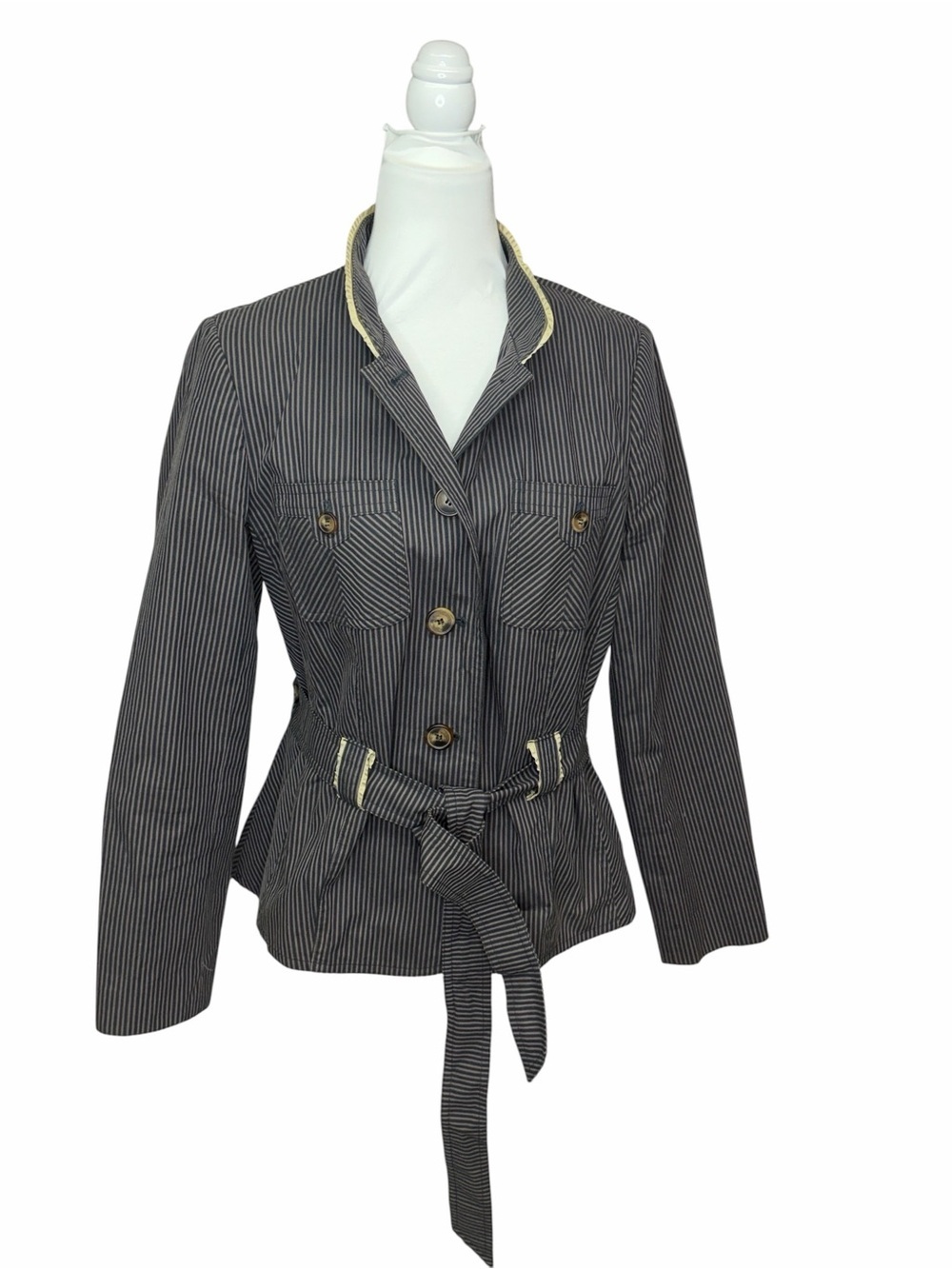 Apostrophe Pinstripe Belted Blazer Jacket Gray